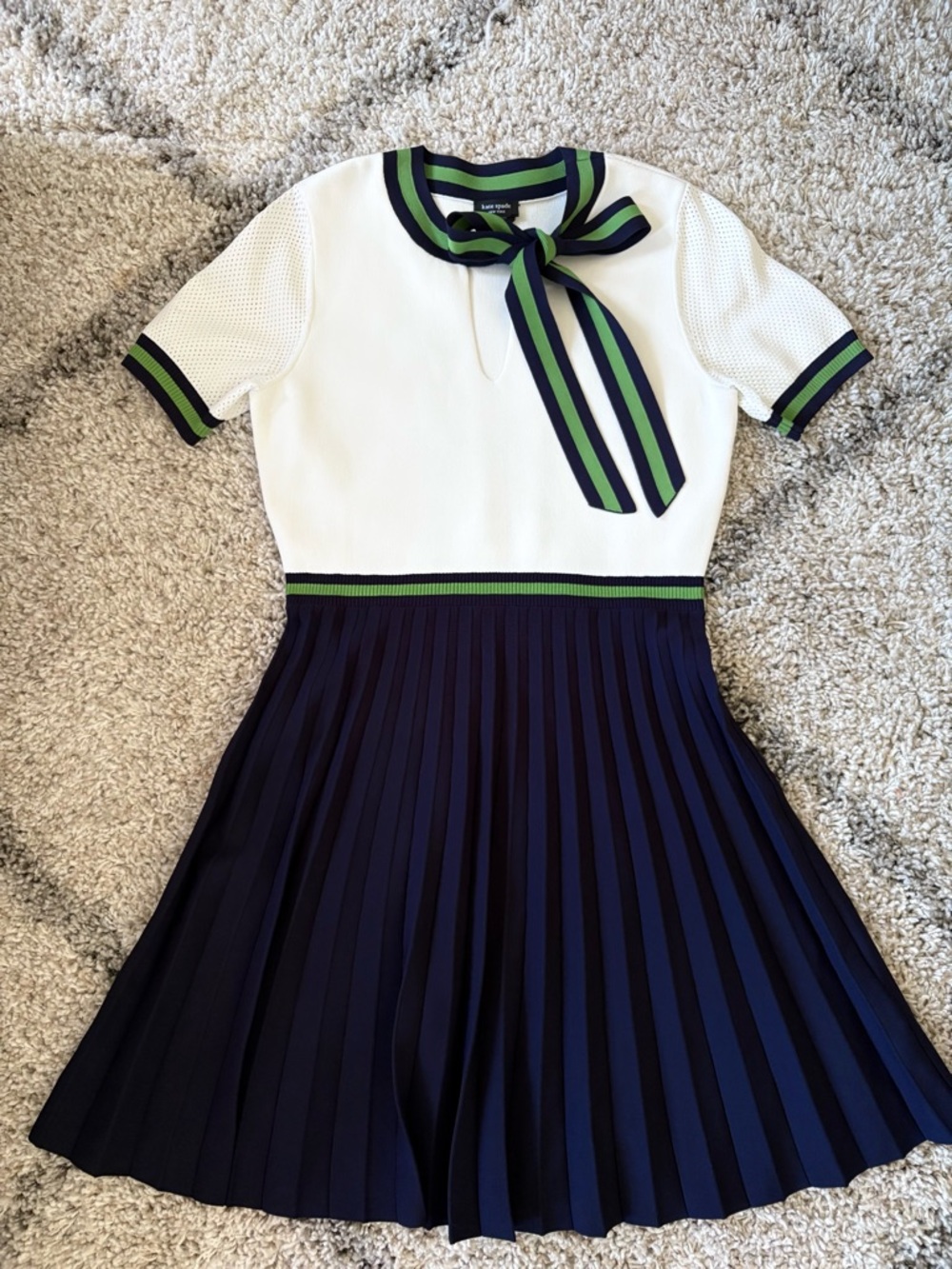 kate spade White, Navy and Green Pleated Bow-Trim Dress
